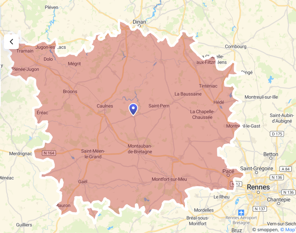 carte avec zone à 20 minutes de l'école de batterie 